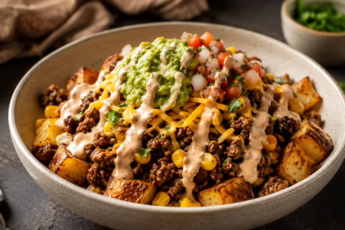 Loaded Potato Taco Bowl for Busy Weeknights Loaded Potato Taco Bowl For Busy Weeknights With Golden Potatoes, Seasoned Turkey,