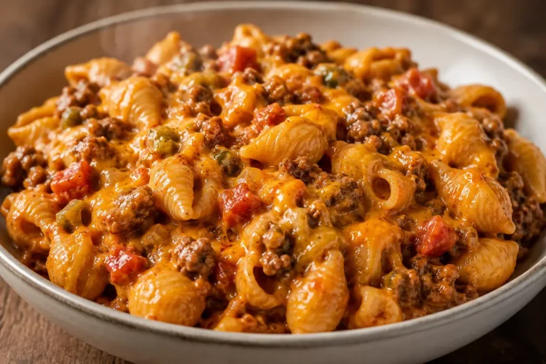 One Pot Cheesy Taco Pasta With Creamy Shells, Browned Beef, And Melted