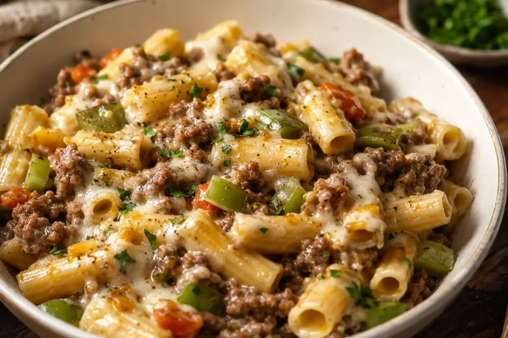 Creamy Philly Cheesesteak Pasta For Busy Weeknights With Sliced Steak, Peppers, And