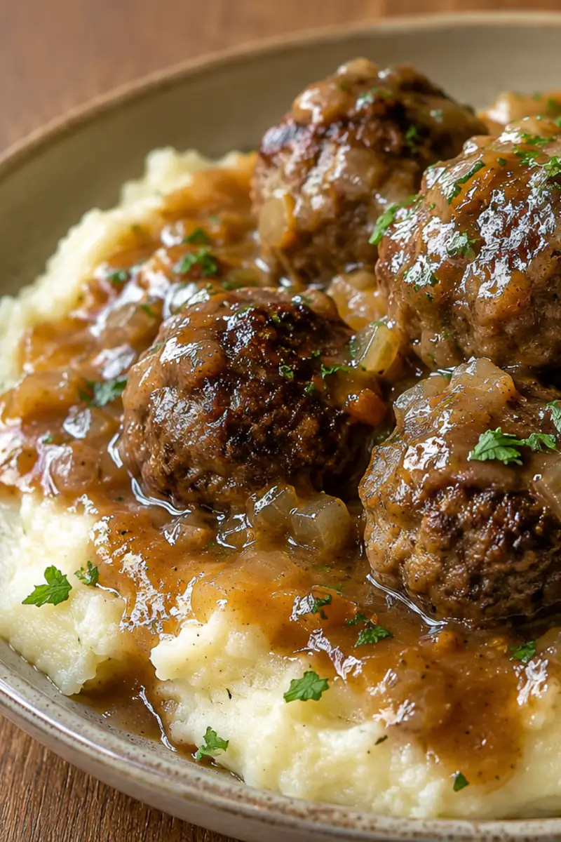 Creamy Salisbury Steak Meatballs with Garlic Herb Mashed Potatoes for Easy Dinners