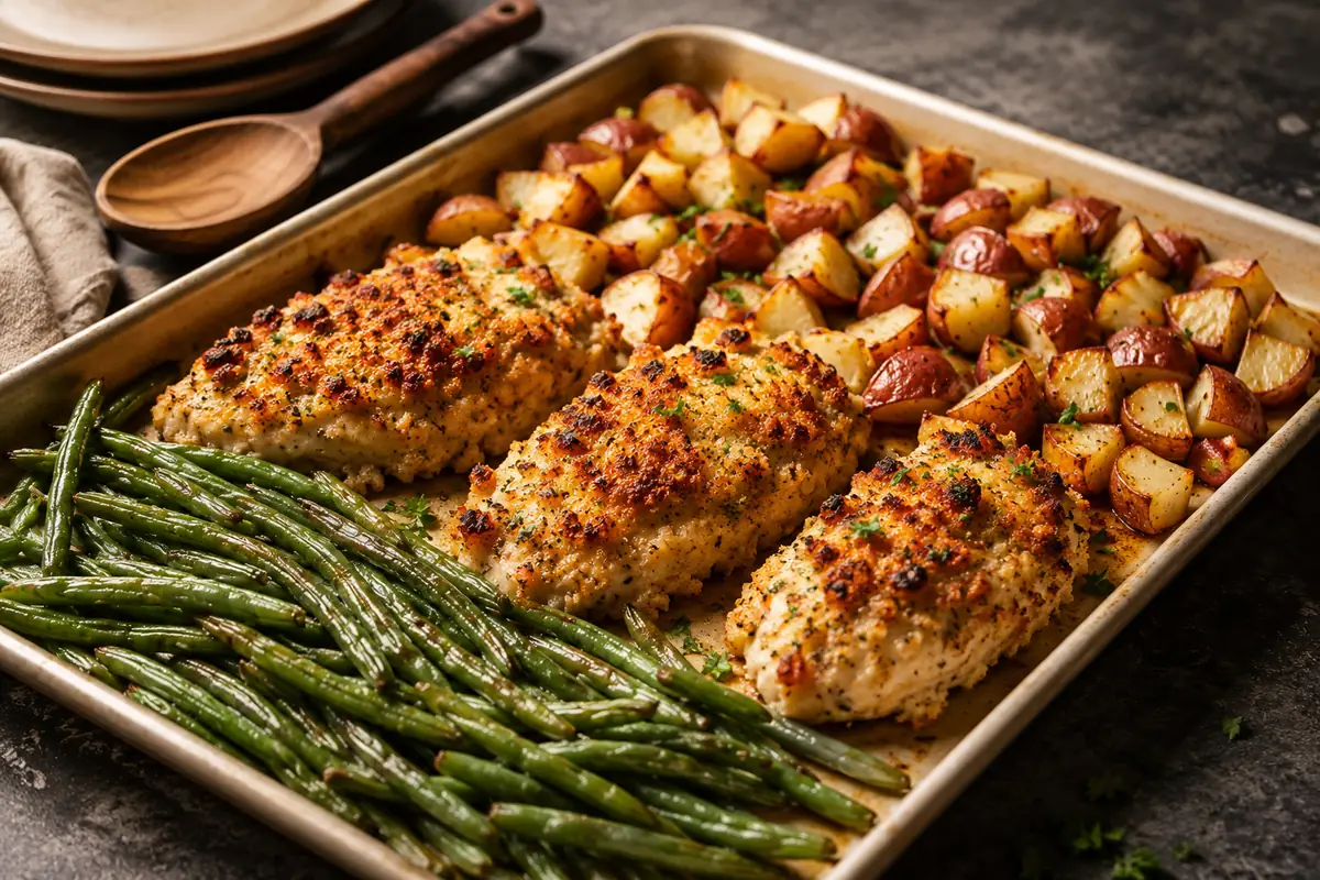 Sheet Pan Parmesan Crusted Chicken For Busy Weeknights With Roasted Green Beans