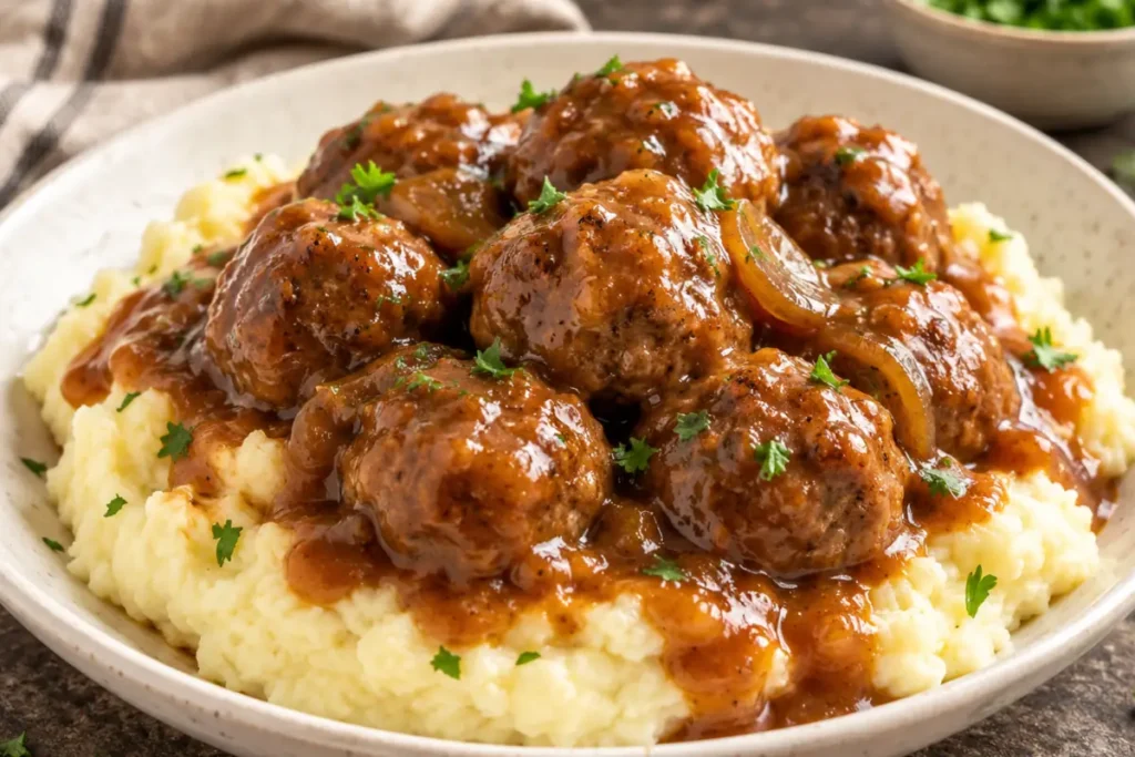 Slow Cooker Salisbury Steak Meatballs With Frozen Meatballs: Weeknight Win In Glossy