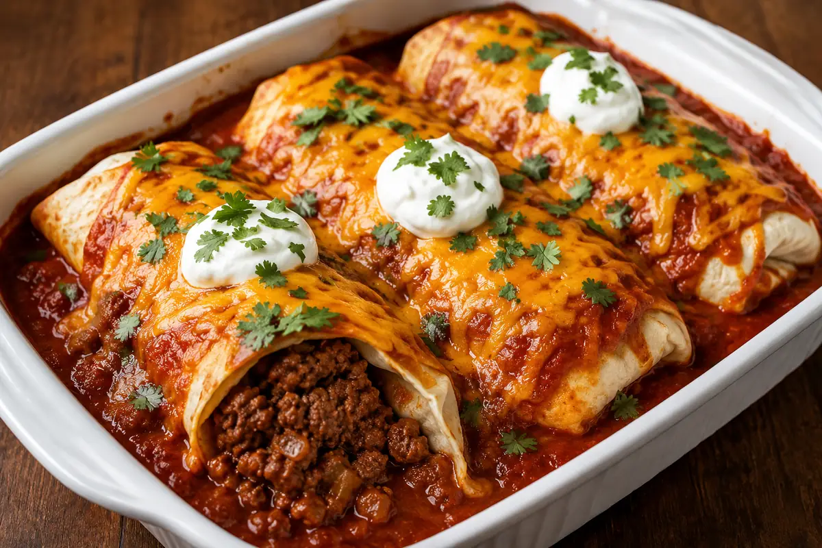 Smothered Ground Beef Burritos For Easy Dinners Topped With Cheddar, Sour Cream,