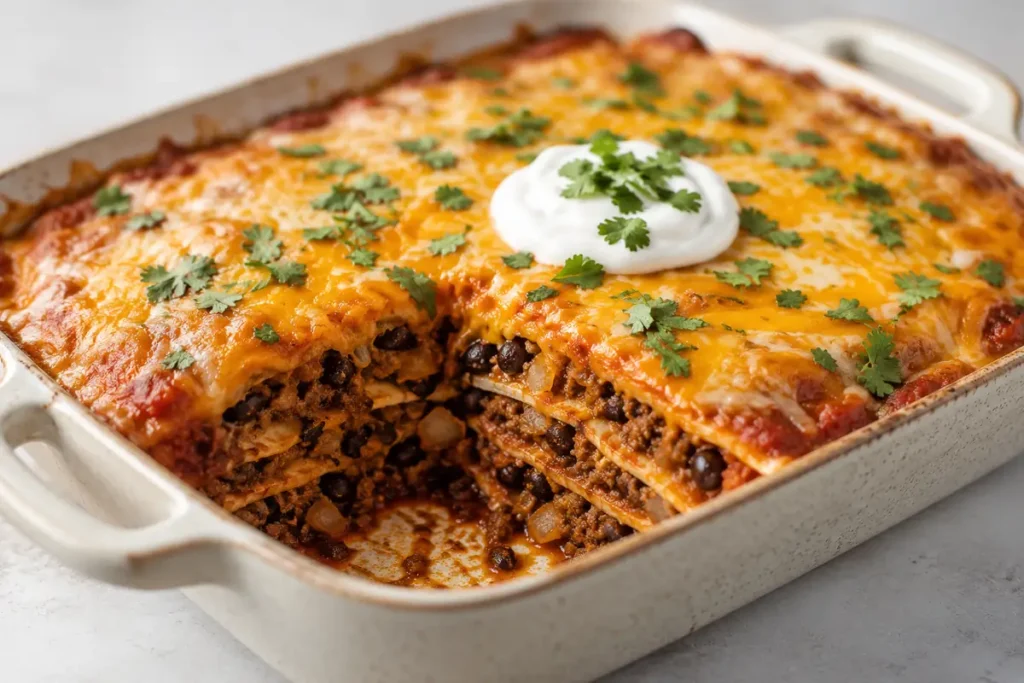 Cheesy Taco Lasagna For Easy Dinners With Bubbling Beef, Tortillas, Beans, And