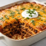 Cheesy Taco Lasagna for Easy Dinners Cheesy Taco Lasagna For Easy Dinners With Bubbling Beef, Tortillas, Beans, And