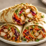 Thai Chicken Wrap with Crunchy Asian Slaw for Easy Dinners Thai Chicken Wrap With Crunchy Asian Slaw Cut Open With Browned Chicken