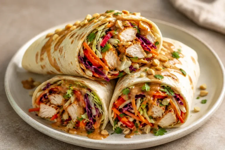 Thai Chicken Wrap With Crunchy Asian Slaw Cut Open With Browned Chicken