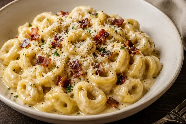 Creamy Tortellini Carbonara For Busy Weeknights In A Shallow Bowl With Crisp
