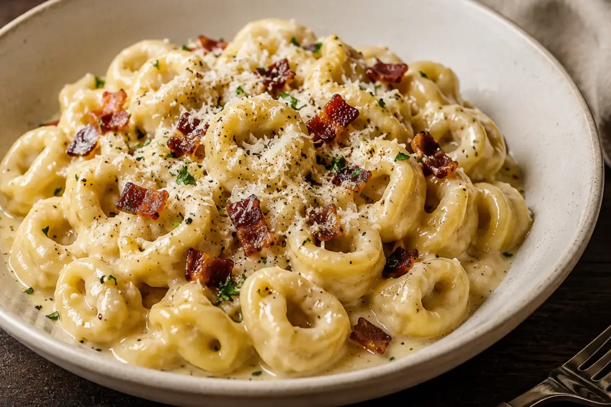 Creamy Tortellini Carbonara for Busy Weeknights Creamy Tortellini Carbonara For Busy Weeknights In A Shallow Bowl With Crisp
