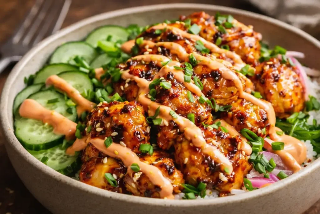 Bang Bang Chicken Bowl For Easy Dinners With Saucy Chicken, Rice, Cucumbers,