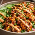 Loaded Bang Bang Chicken Bowl High Protein Dinner Ideas Bang Bang Chicken Bowl For Easy Dinners With Saucy Chicken, Rice, Cucumbers,