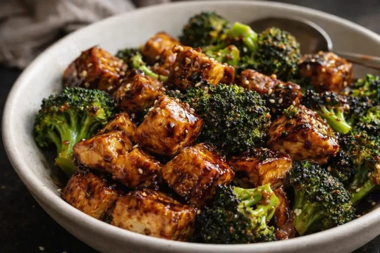 Chicken Broccoli Skillet With Sticky Honey Garlic Glaze Showing Glossy Chicken Cubes
