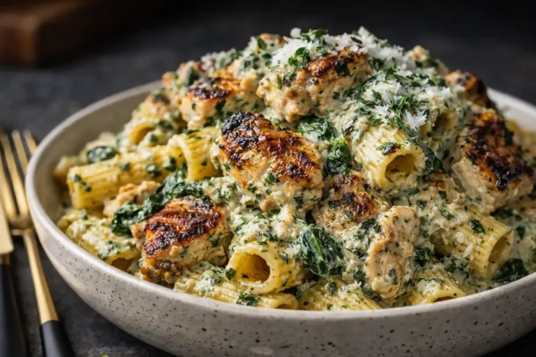 Creamy Pesto Chicken Rigatoni With Spinach, Browned Chicken Pieces, Grated Parmesan, Herbs,