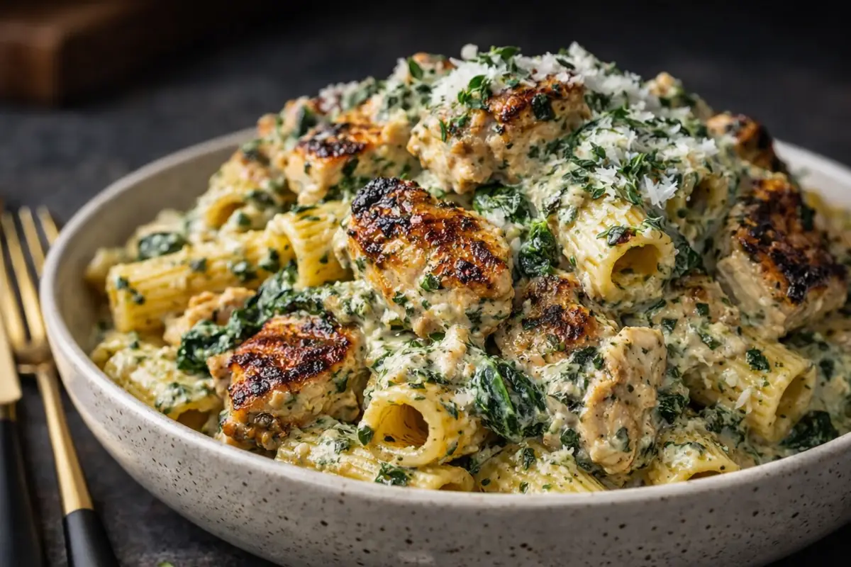 Creamy Pesto Chicken Rigatoni With Spinach, Browned Chicken Pieces, Grated Parmesan, Herbs,