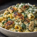 Creamy Pesto Chicken Pasta with a Golden Mozzarella Crust Creamy Pesto Chicken Rigatoni With Spinach, Browned Chicken Pieces, Grated Parmesan, Herbs,