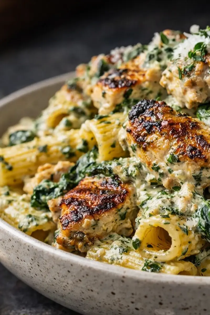 Creamy Pesto Chicken Pasta with a Golden Mozzarella Crust