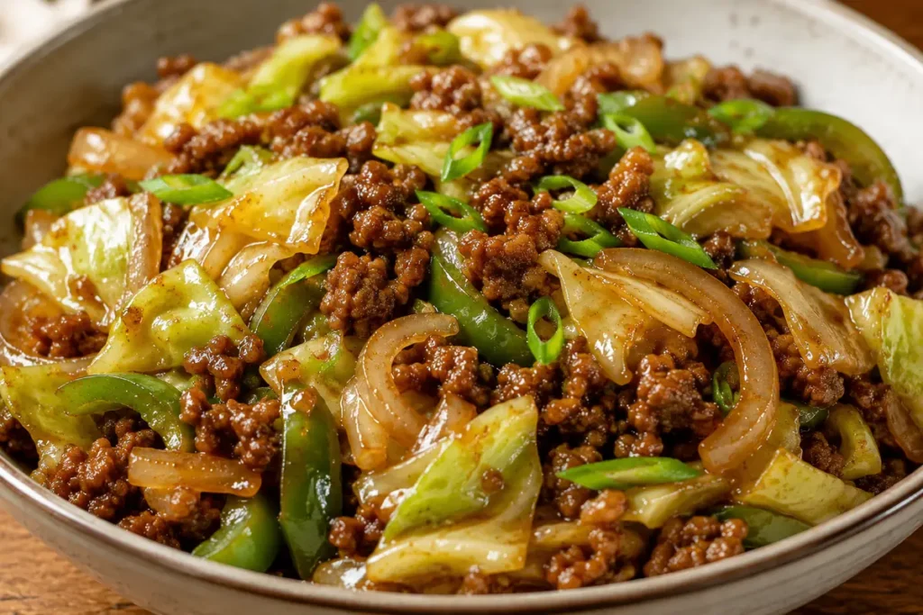 Saucy Mongolian Cabbage With Ground Beef For Easy Dinners Served In A