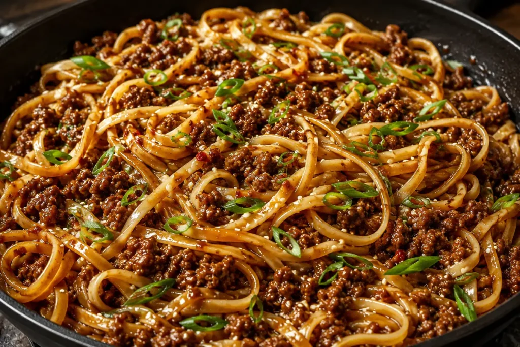 Sticky Mongolian Ground Beef Noodles For Easy Dinners In A Black Skillet