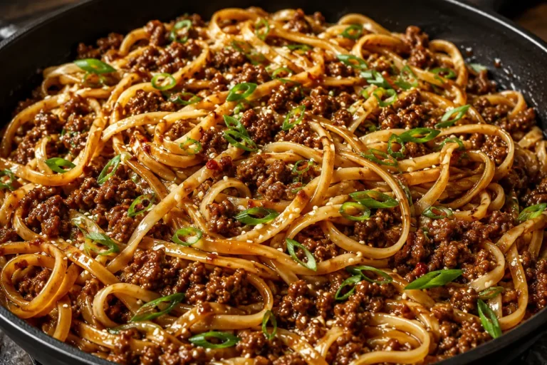 Sticky Mongolian Ground Beef Noodles For Easy Dinners In A Black Skillet