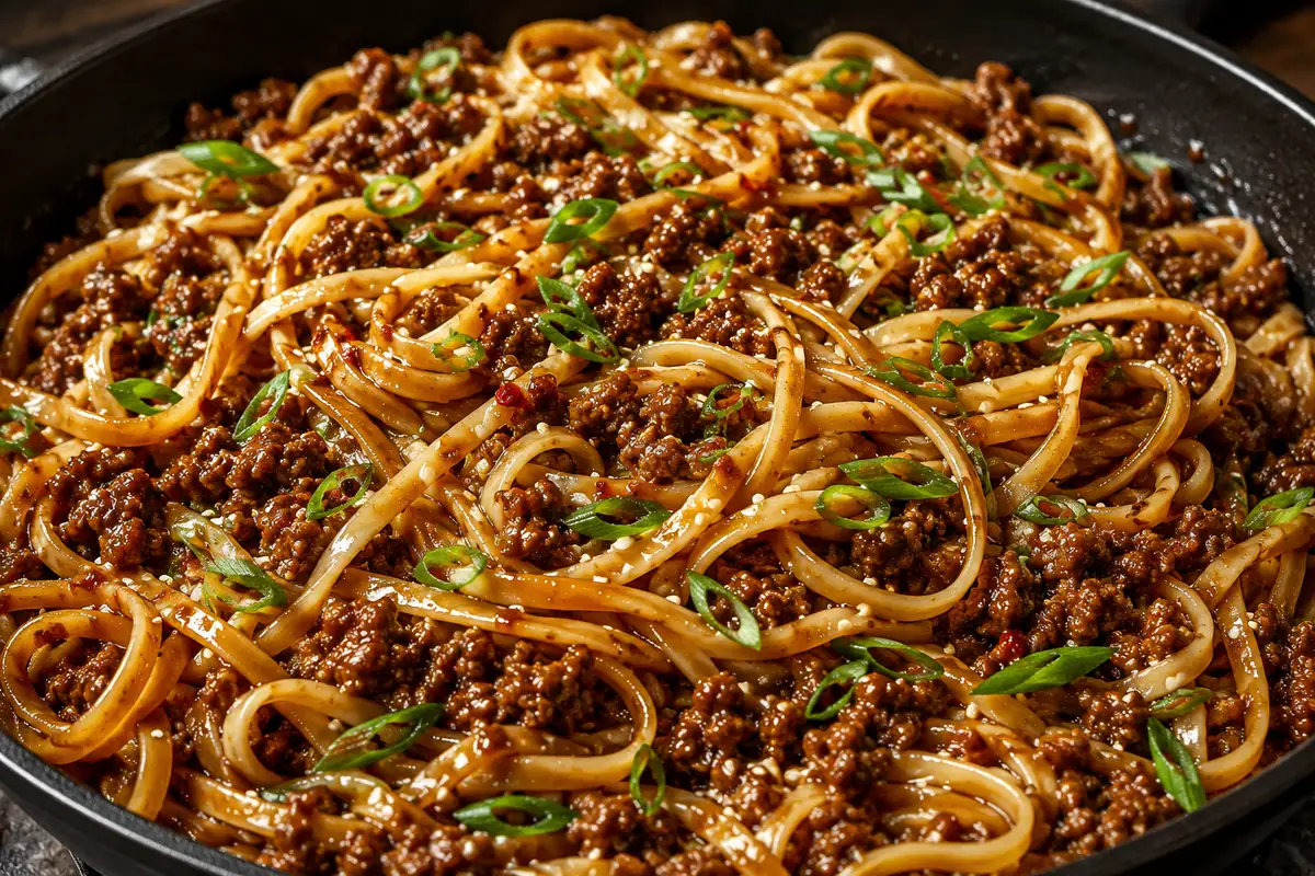 Sticky Mongolian Ground Beef Noodles For Easy Dinners In A Black Skillet